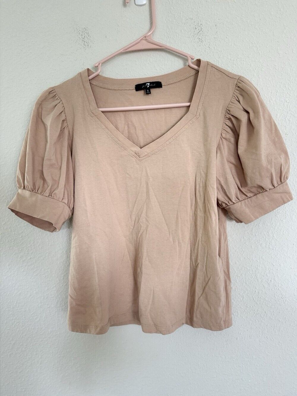 Seven for all Mankind Shirt Size Small Tan Ruched Puff Sleeve V Neck Casual Top